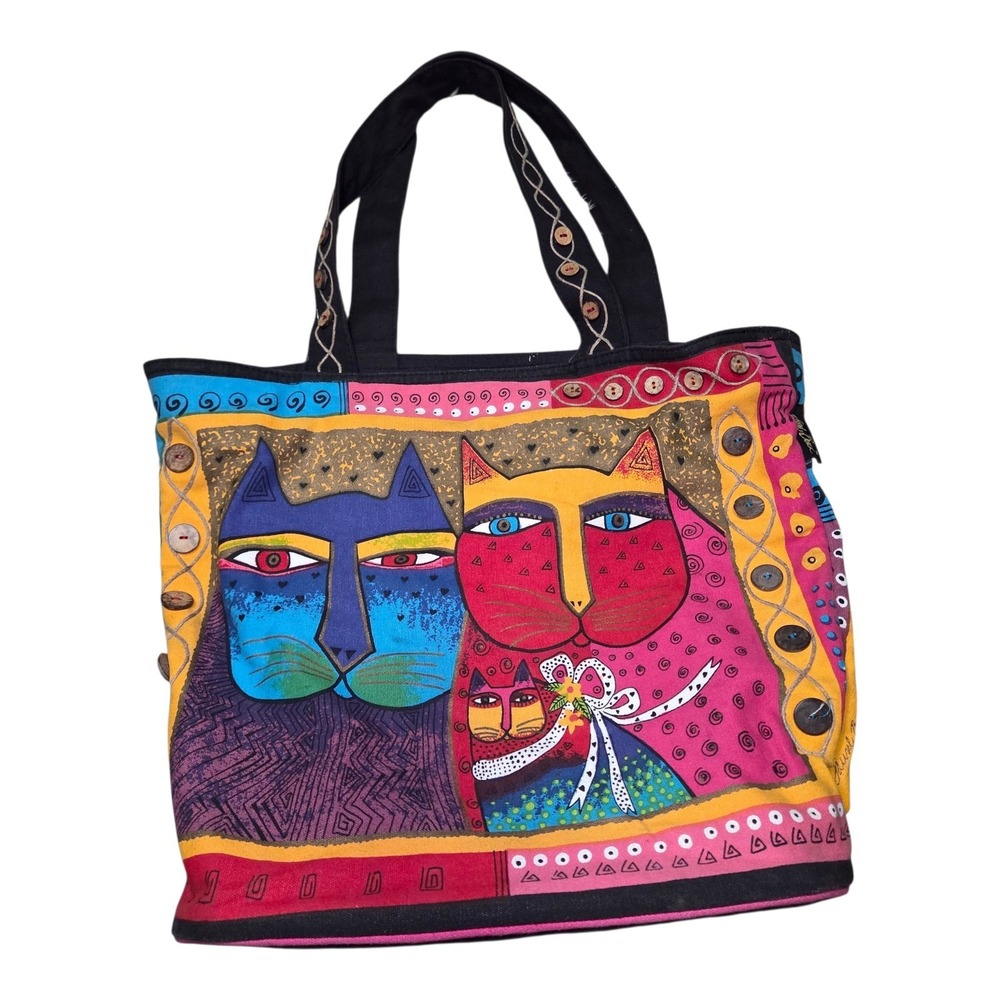 Laurel Burch Colorful Cat Canvas Tote Bag Whimsical Folk Art Shoulder Purse